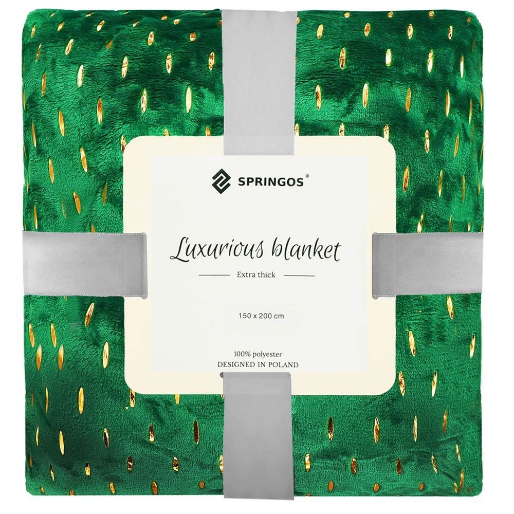 SPRINGOS Plyšová deka LUX - 150x200cm - zelená + zlaté detaily