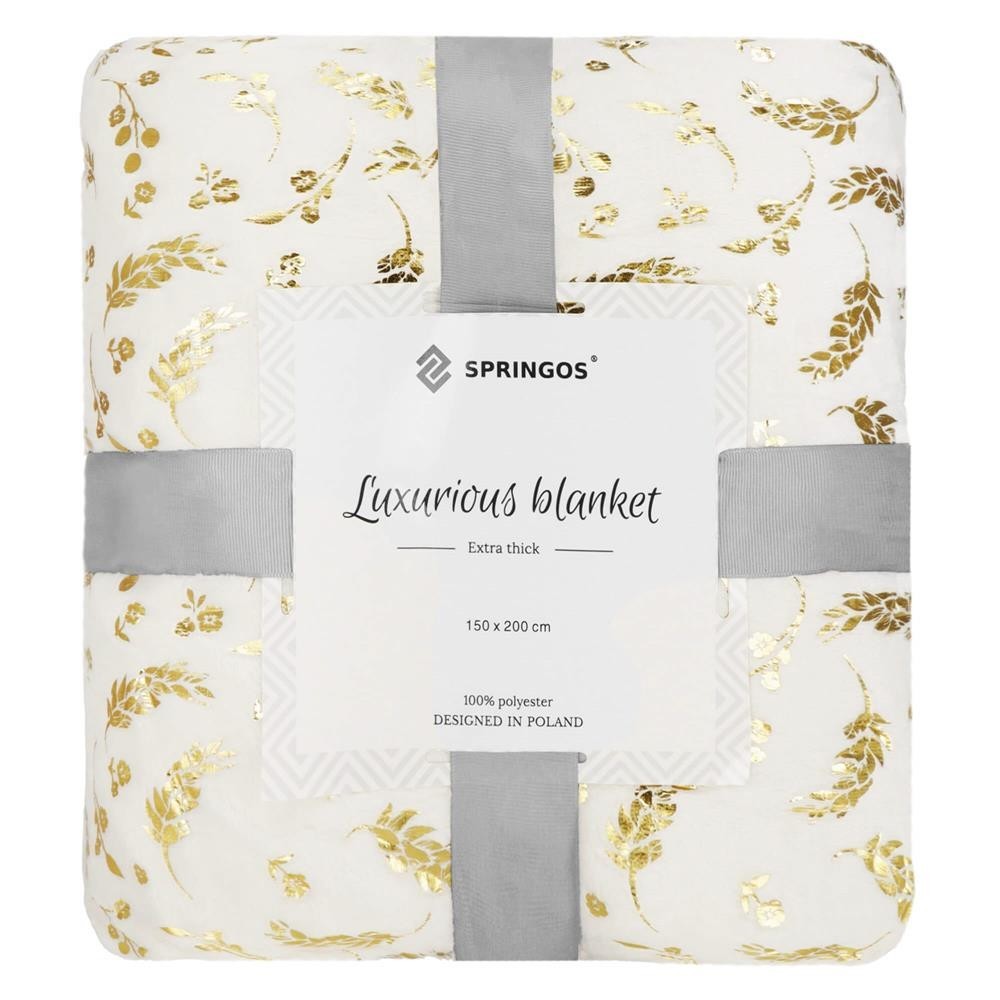 SPRINGOS Plyšová deka LUX - 150x200cm - krémová  + zlaté listy