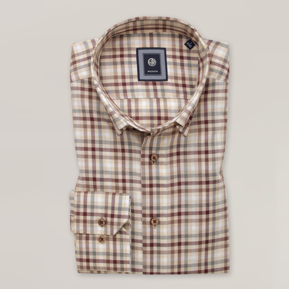 Pánska hnedá károvaná košeľa slim fit s golierom Button-Down 15983