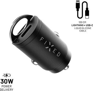 FIXED PD Rapid Charge Car Mini s 2× USB-C výstupom a USB-C/Lightning káblom 1,2 m podpora PD 30 W čierna