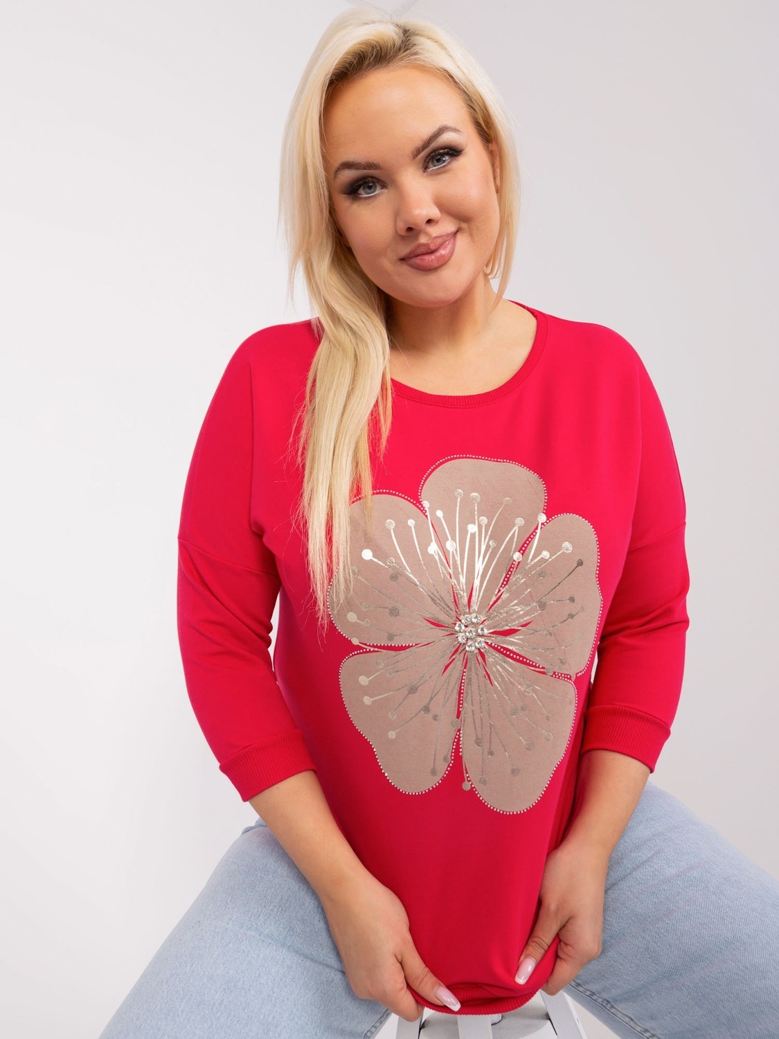 Red blouse plus sizes with a round neckline