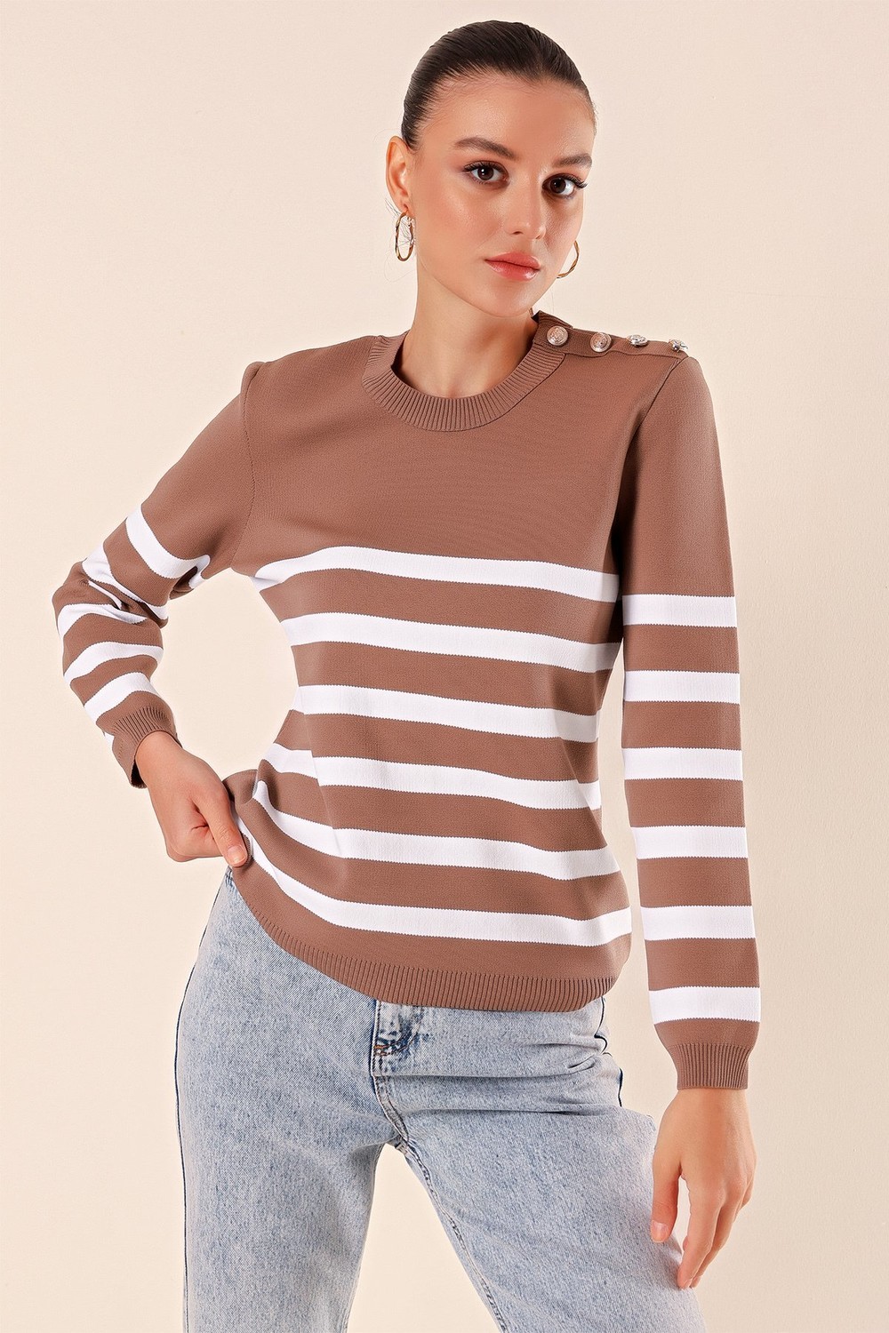 Bigdart 15820 Button Detail Striped Sweater - Pale Pink