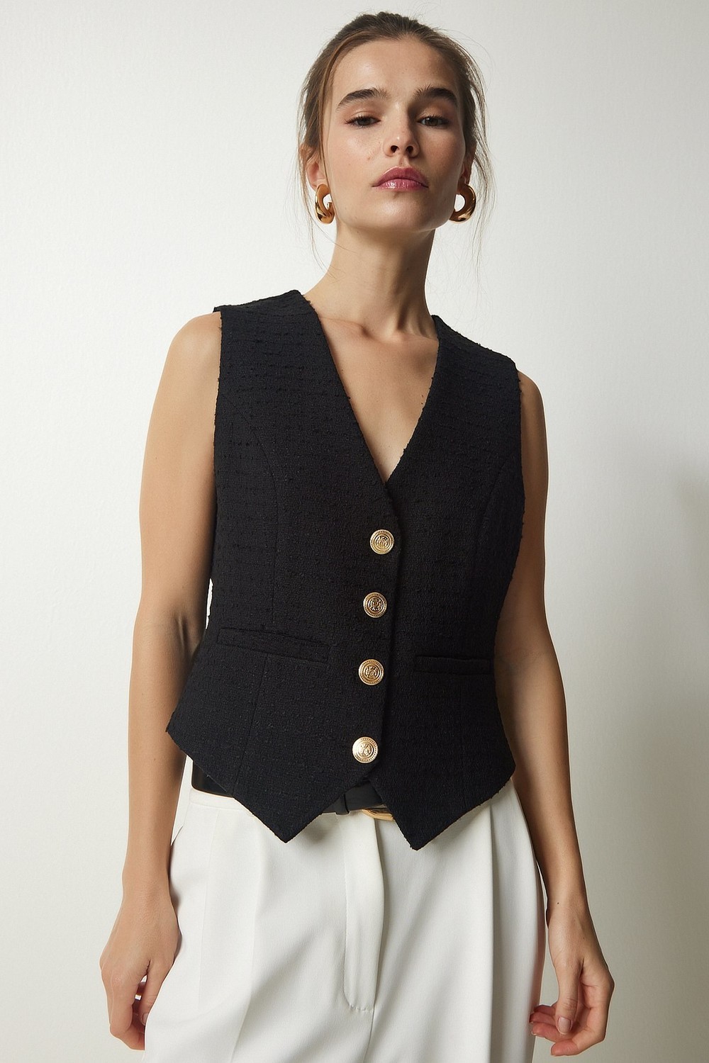 Happiness İstanbul Women's Black Metal Button Detailed Cachet Vest