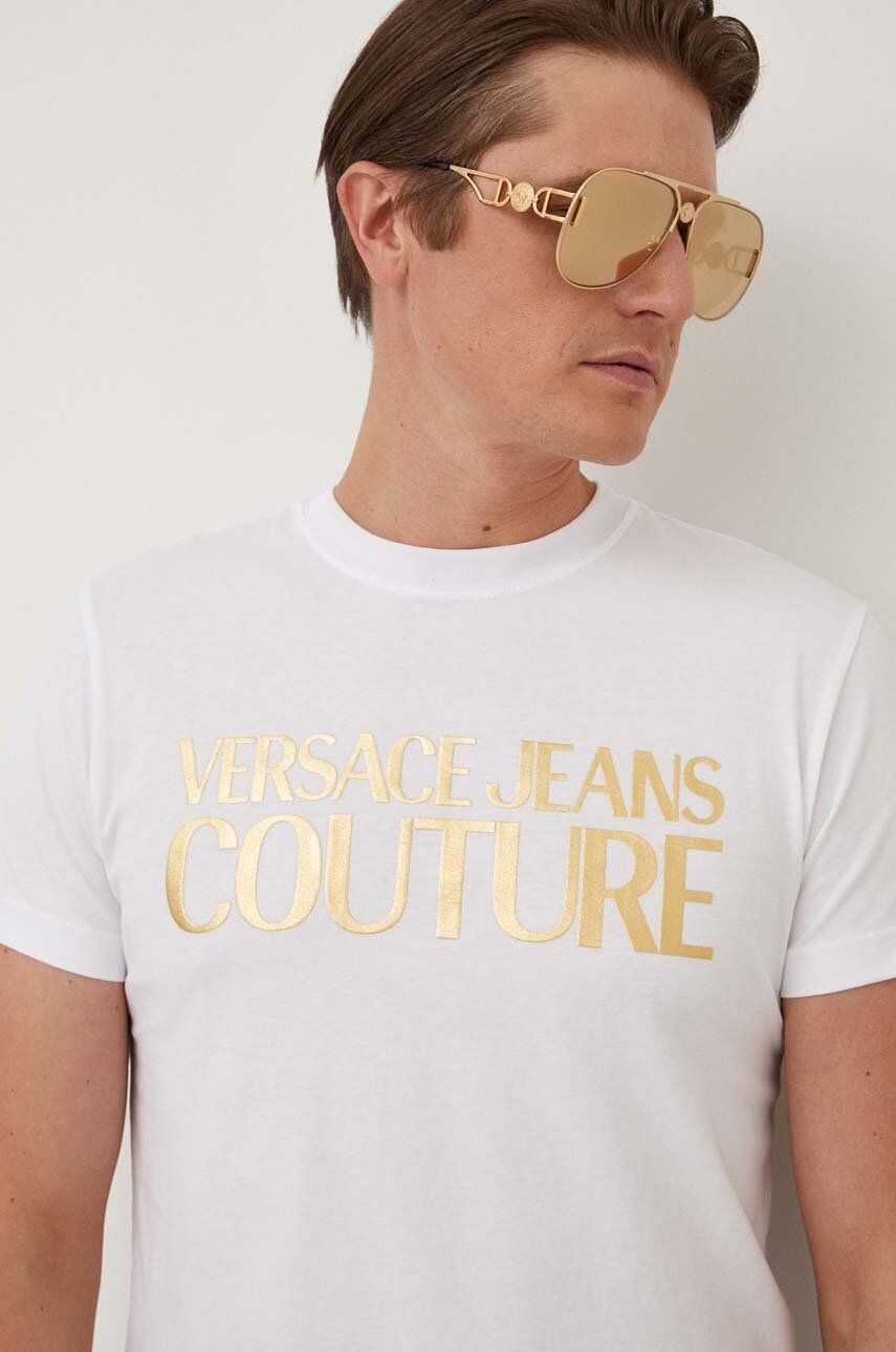 Bavlnené tričko Versace Jeans Couture pánsky, biela farba, s potlačou
