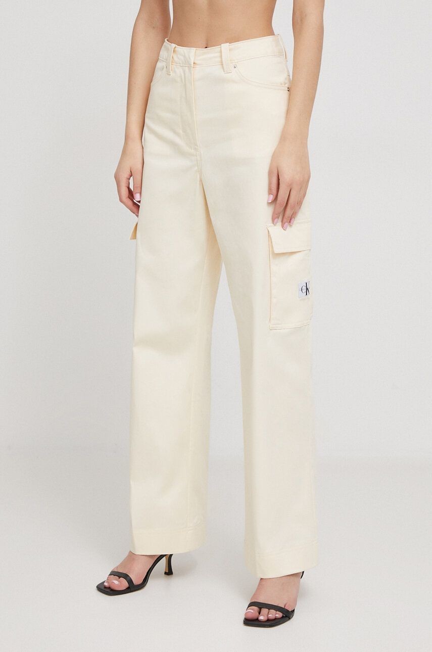 Nohavice Calvin Klein Jeans dámske, béžová farba, rovné, vysoký pás