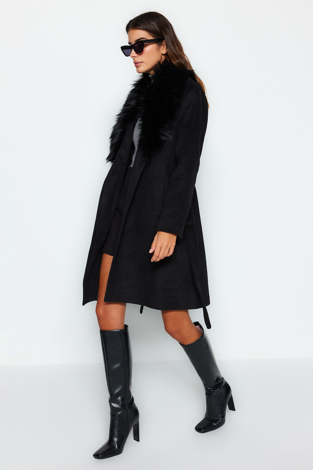 Trendyol Black Fur Collar Detailed Belted Coat