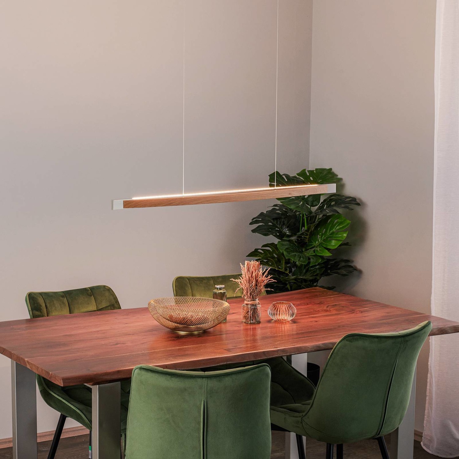 LED závesné svietidlo Kiera, dub/nikel dĺžka 98 cm
