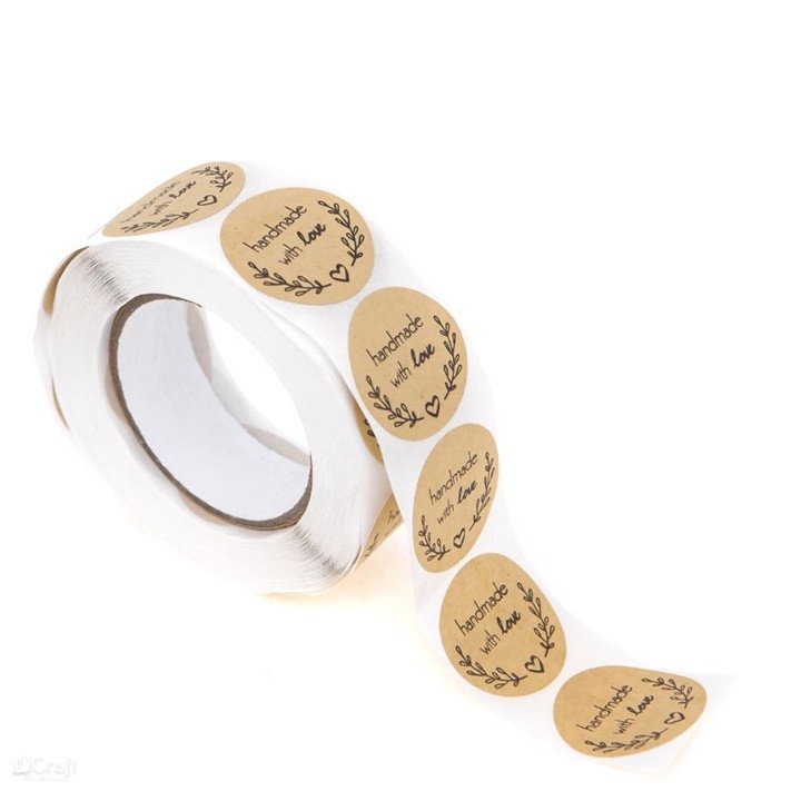 Nálepky na rolke Handmade with love hnedé 500 ks