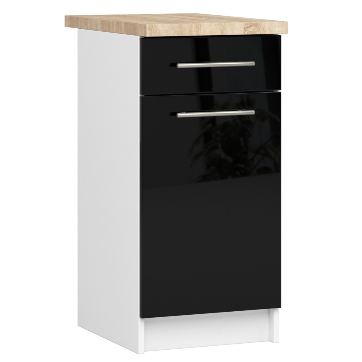 Kuchyňská skříňka Olivie S 40 cm 1D 1S bílá/černý lesk/dub sonoma