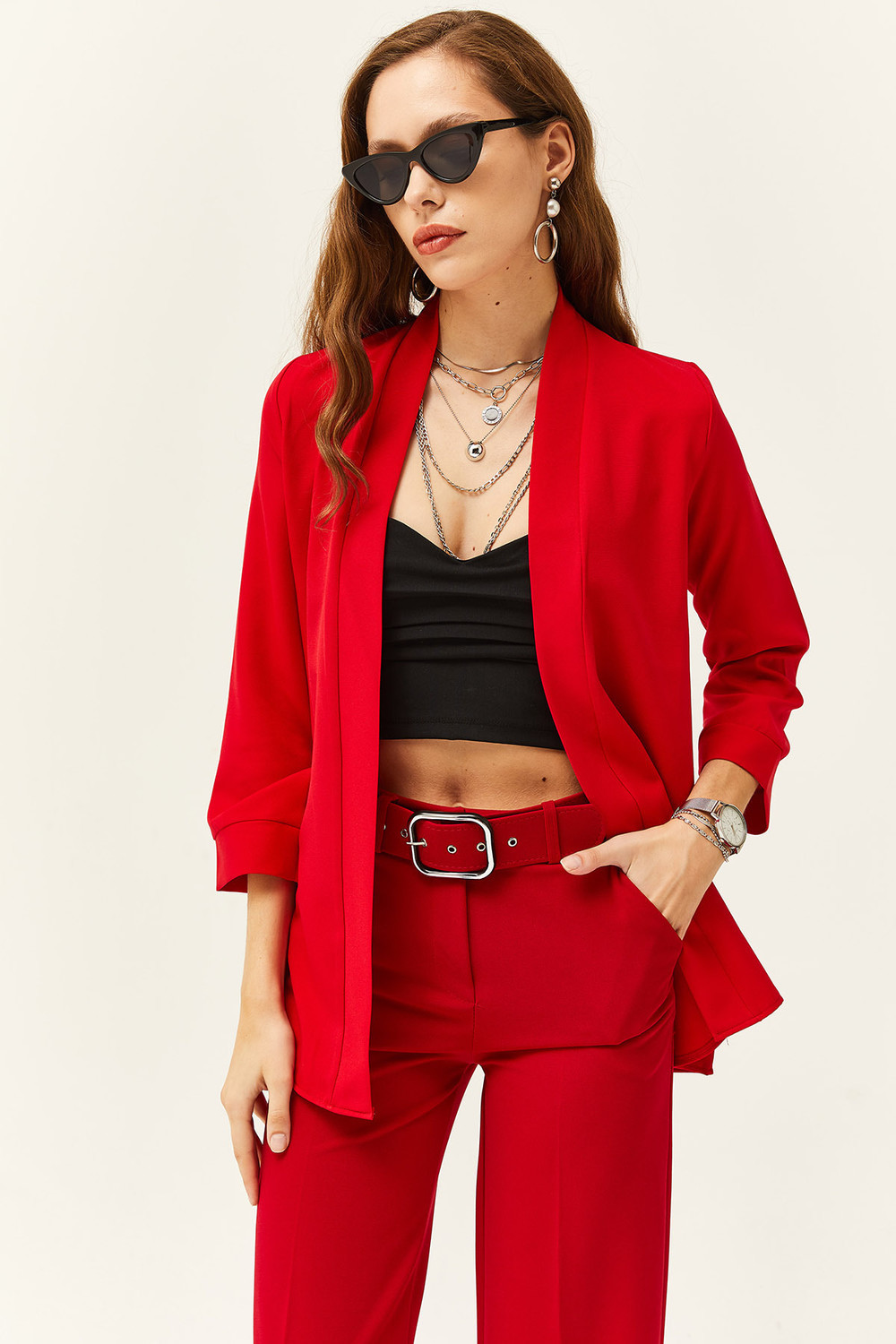 Olalook Women's Red Shawl Collar Atlas Jacket