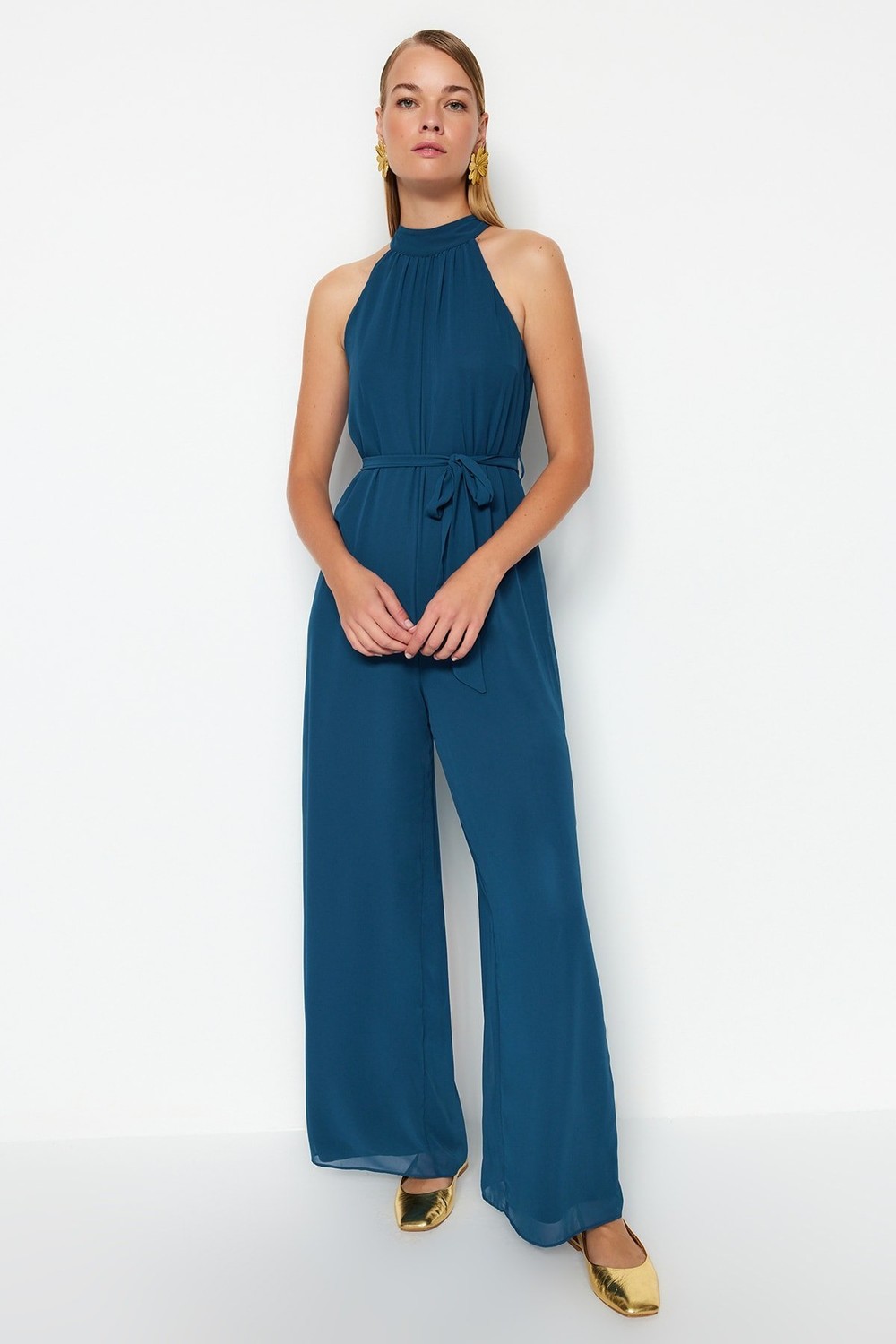 Trendyol Oil Belted Chiffon Maxi Overalls