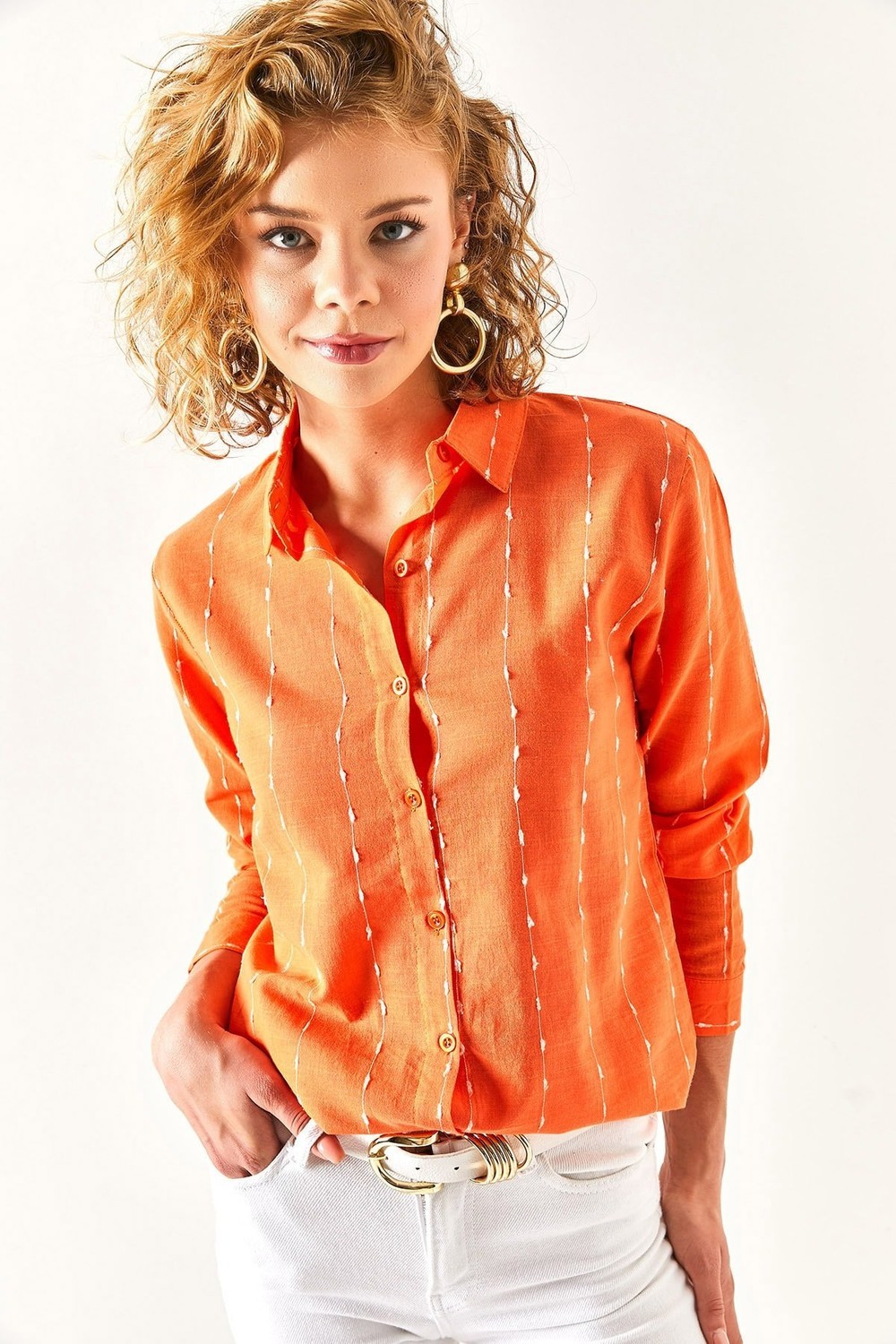 Olalook Women's Orange Flared Linen Shirt with Stitching Detail