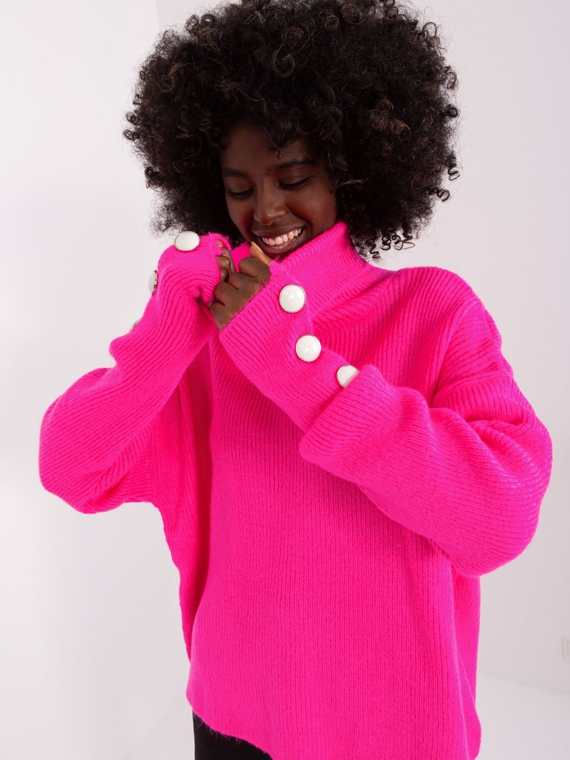 Fluo pink women's oversize turtleneck sweater