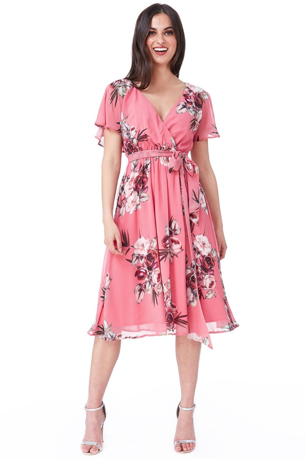 Koralové šifónové midi šaty s kvetinami Veľkosť: M