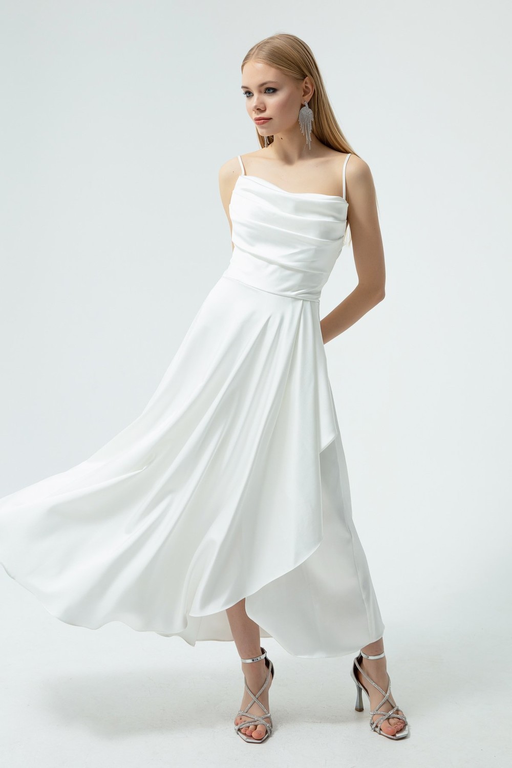 Lafaba Women's White Satin Midi Length Evening Dress &; Prom Dress with Ruffles and a Slit.