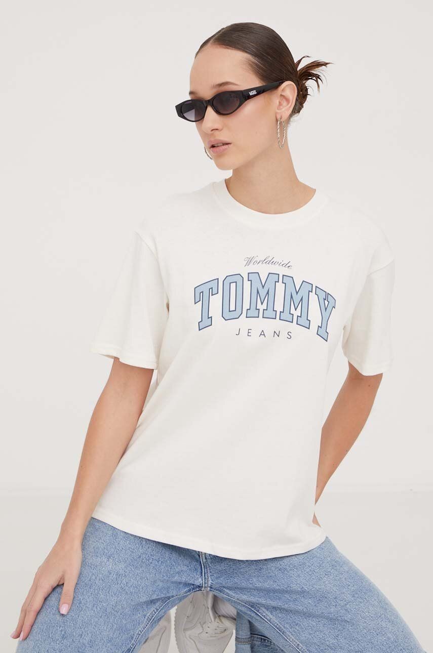 Bavlnené tričko Tommy Jeans dámsky, béžová farba