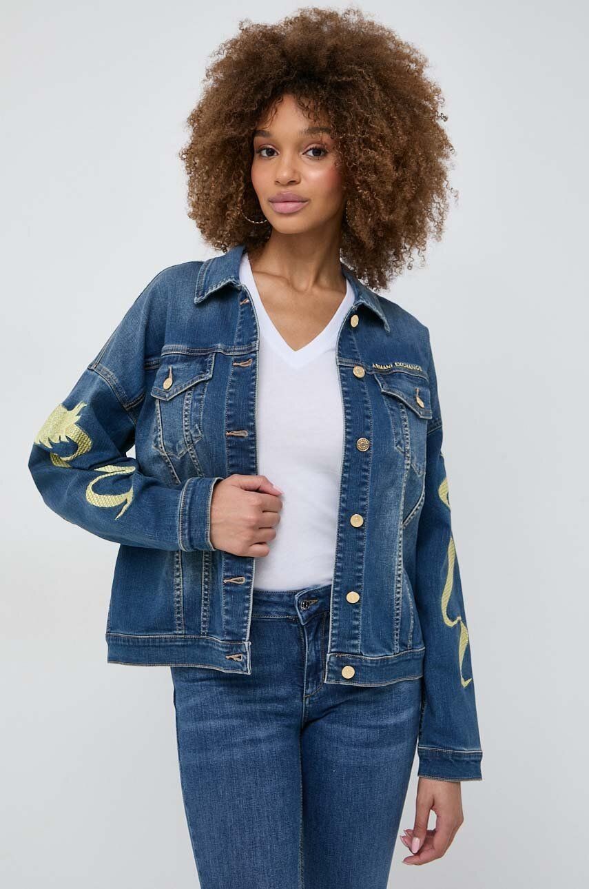 Rifľová bunda Armani Exchange dámska, čierna farba, prechodná