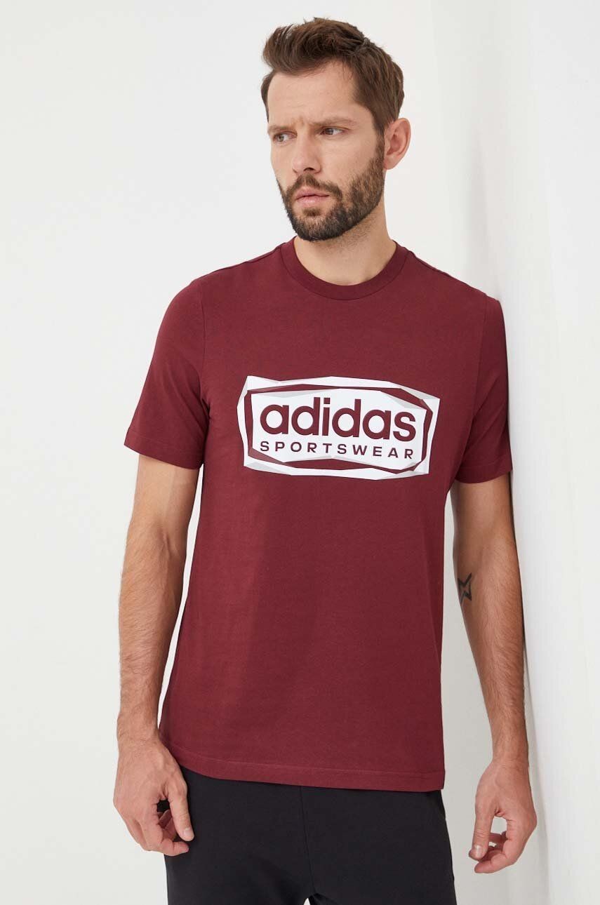 Bavlnené tričko adidas pánsky, bordová farba, s potlačou