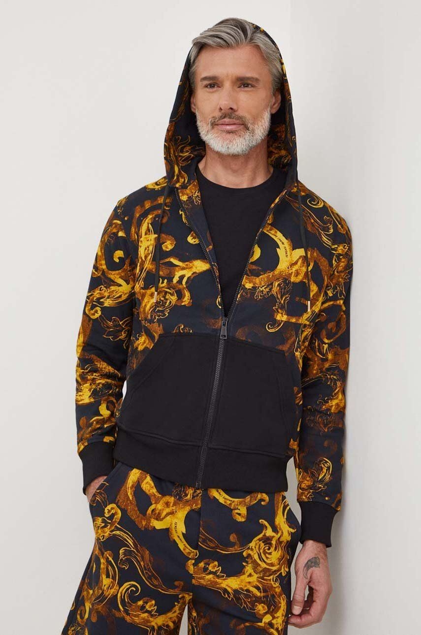 Bavlnená mikina Versace Jeans Couture pánska, čierna farba, s kapucňou, vzorovaná