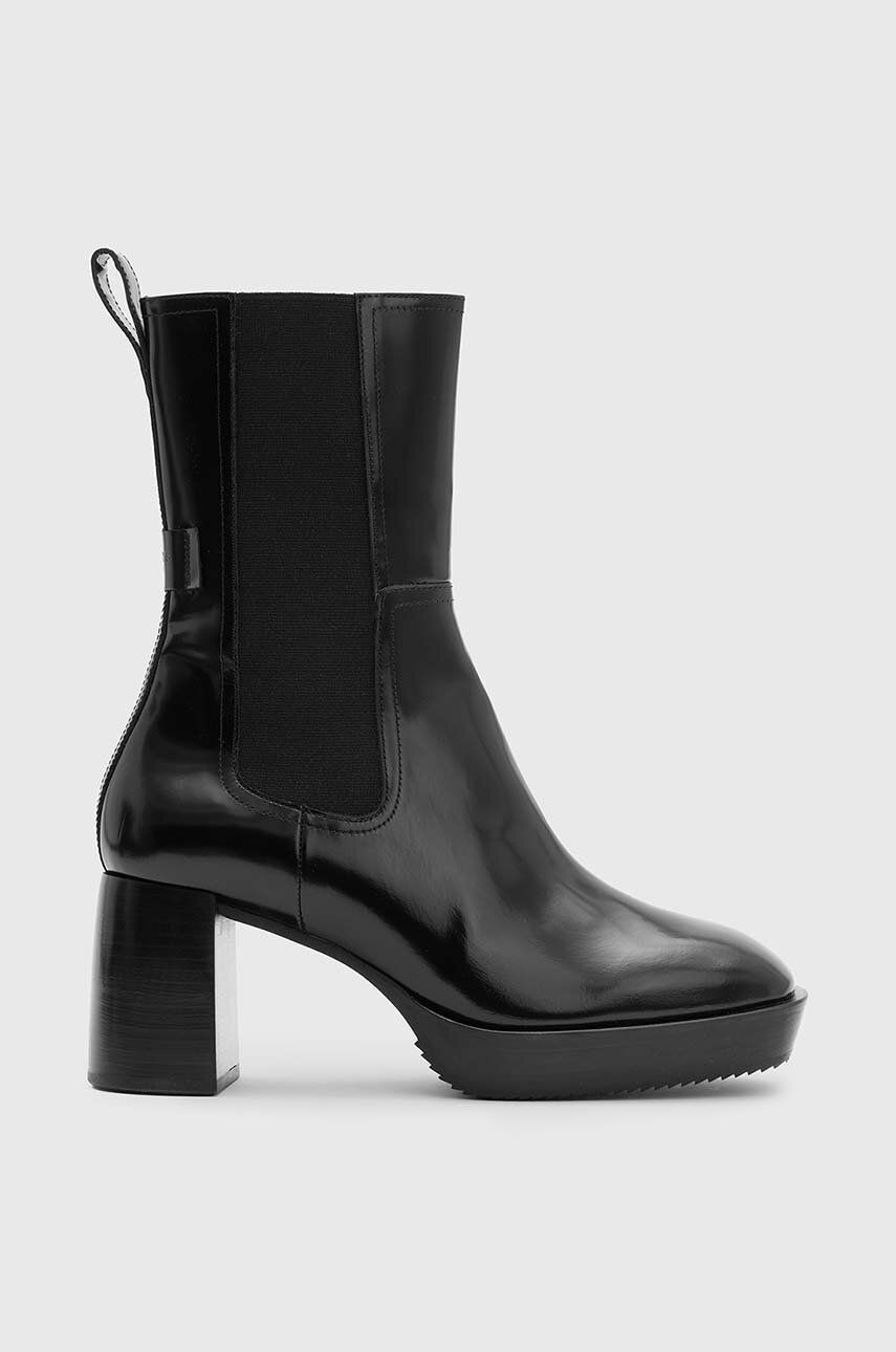 Kožené členkové topánky AllSaints Lottie dámske, čierna farba, na podpätku, WF547Z