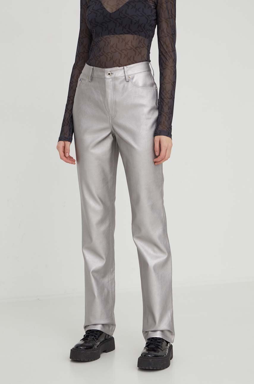 Nohavice Karl Lagerfeld Jeans dámske, strieborná farba, rovné, vysoký pás
