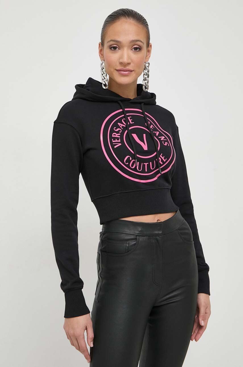 Bavlnená mikina Versace Jeans Couture dámska, čierna farba, s kapucňou, s potlačou