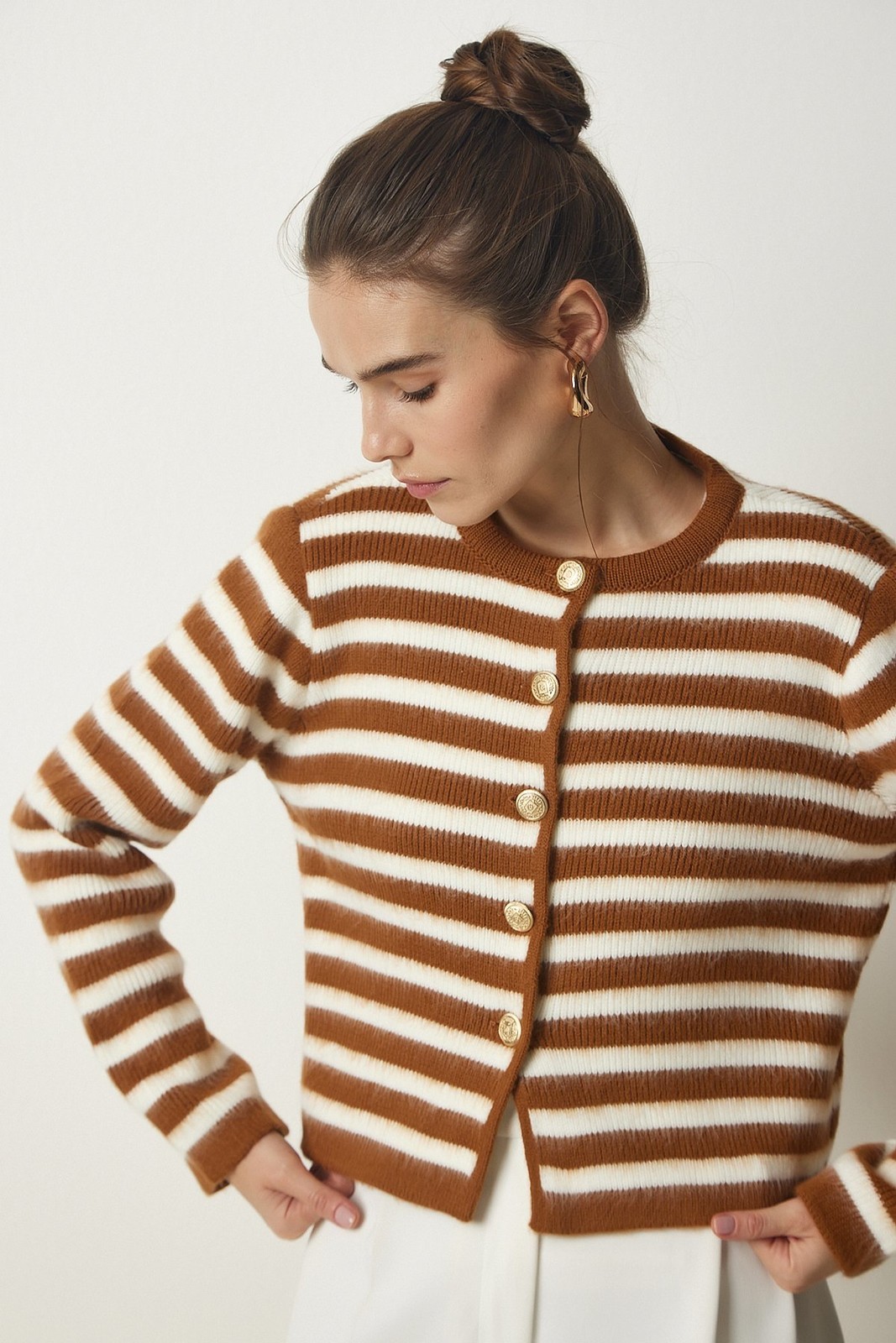 Happiness İstanbul Women's Tile Metal Button Detailed Striped Knitwear Cardigan