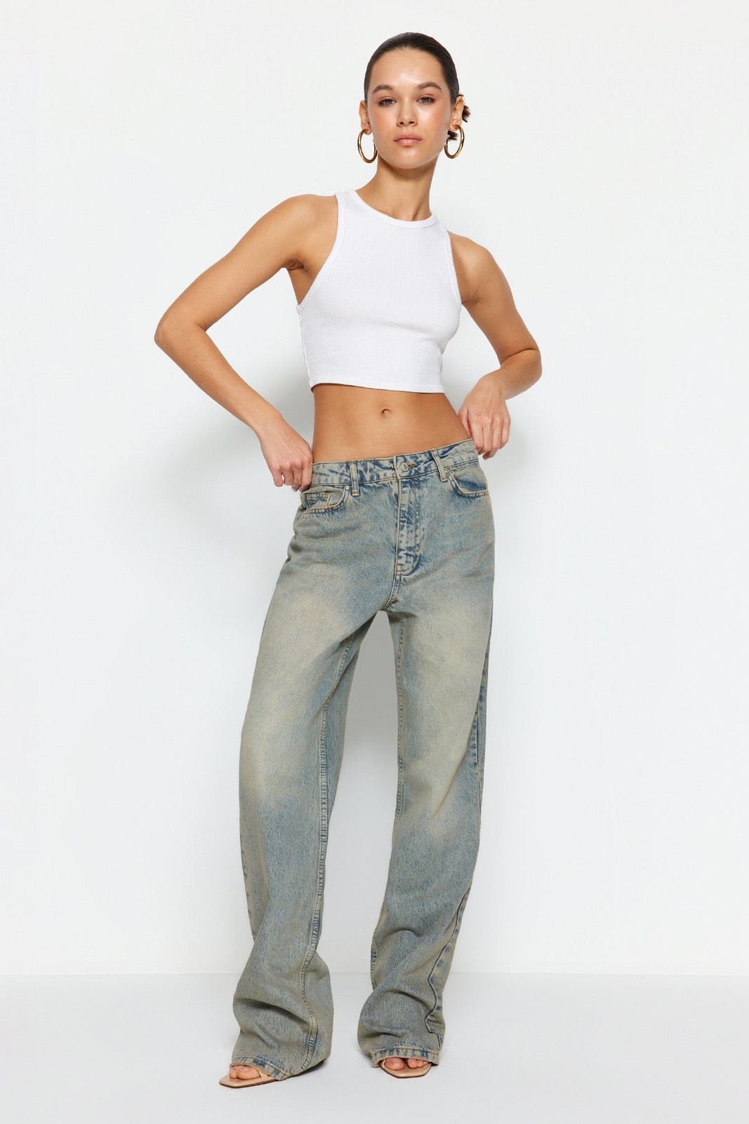 Trendyol Blue Pale Effect Vintage Low Waist Wide Leg Jeans