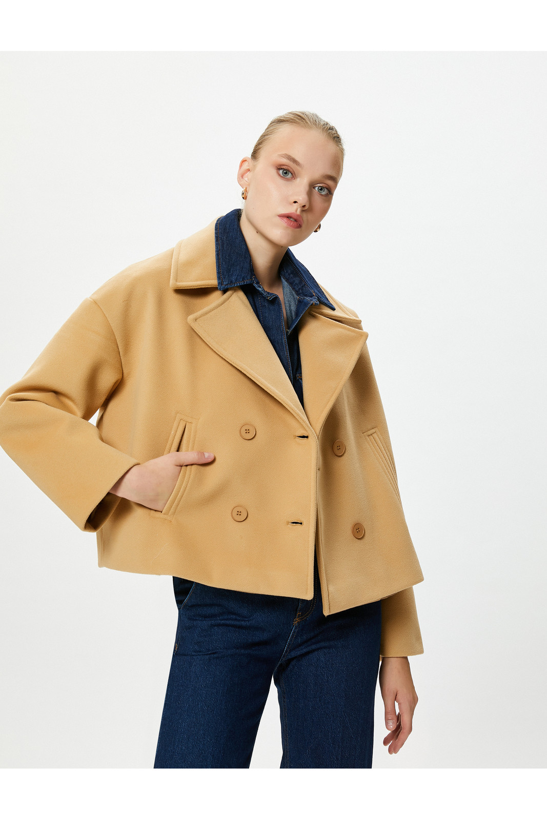 Koton Short Cuff Jacket, Double Breasted with Buttons, Pocket Detailed.