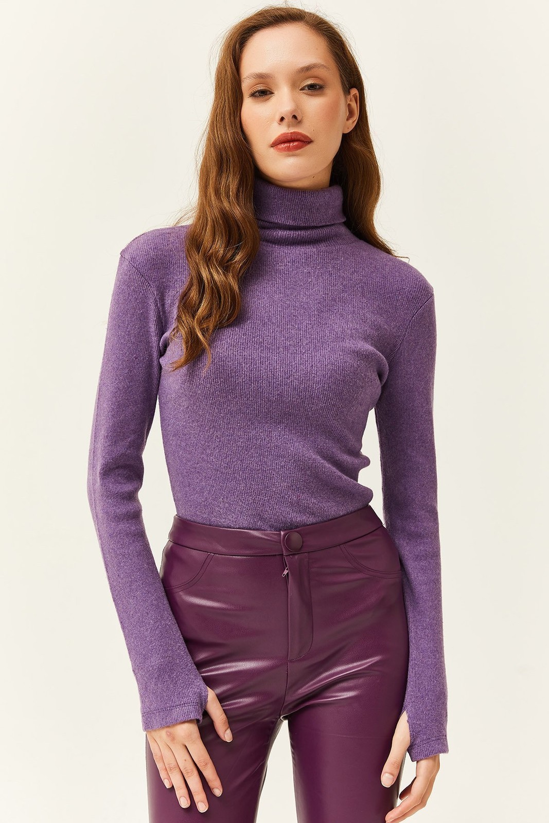 Olalook Women's Purple Turtleneck Finger Detailed Lycra Blouse