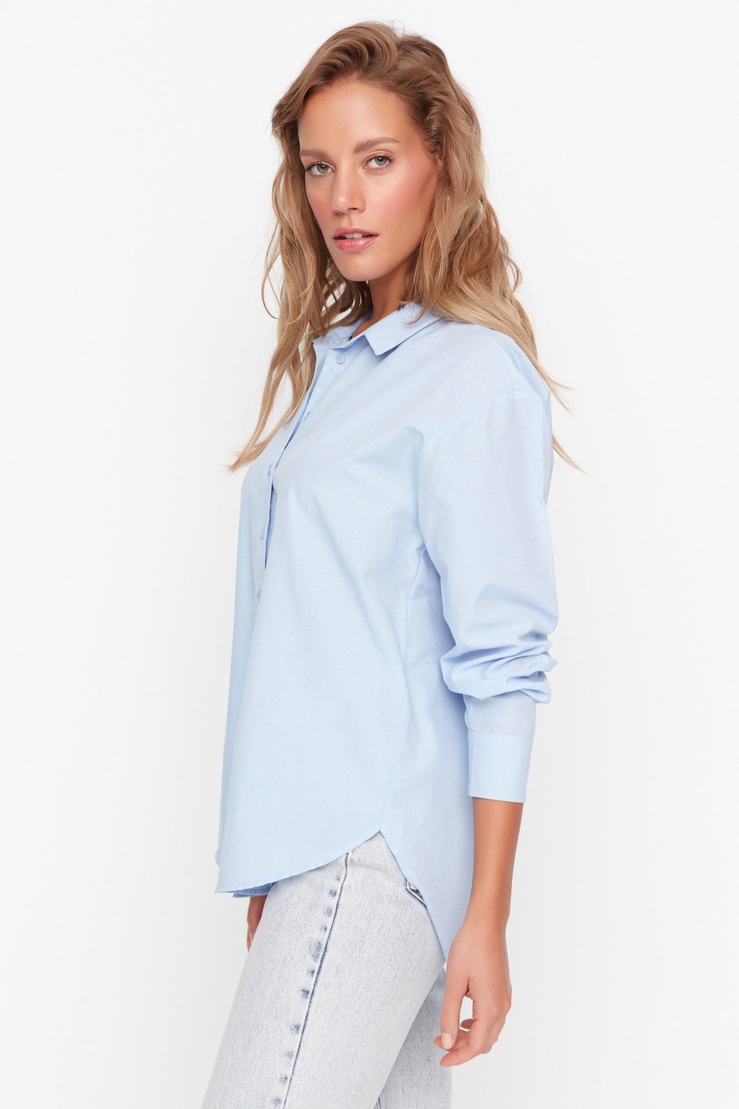 Trendyol Blue Loose Fit Woven Cotton Shirt