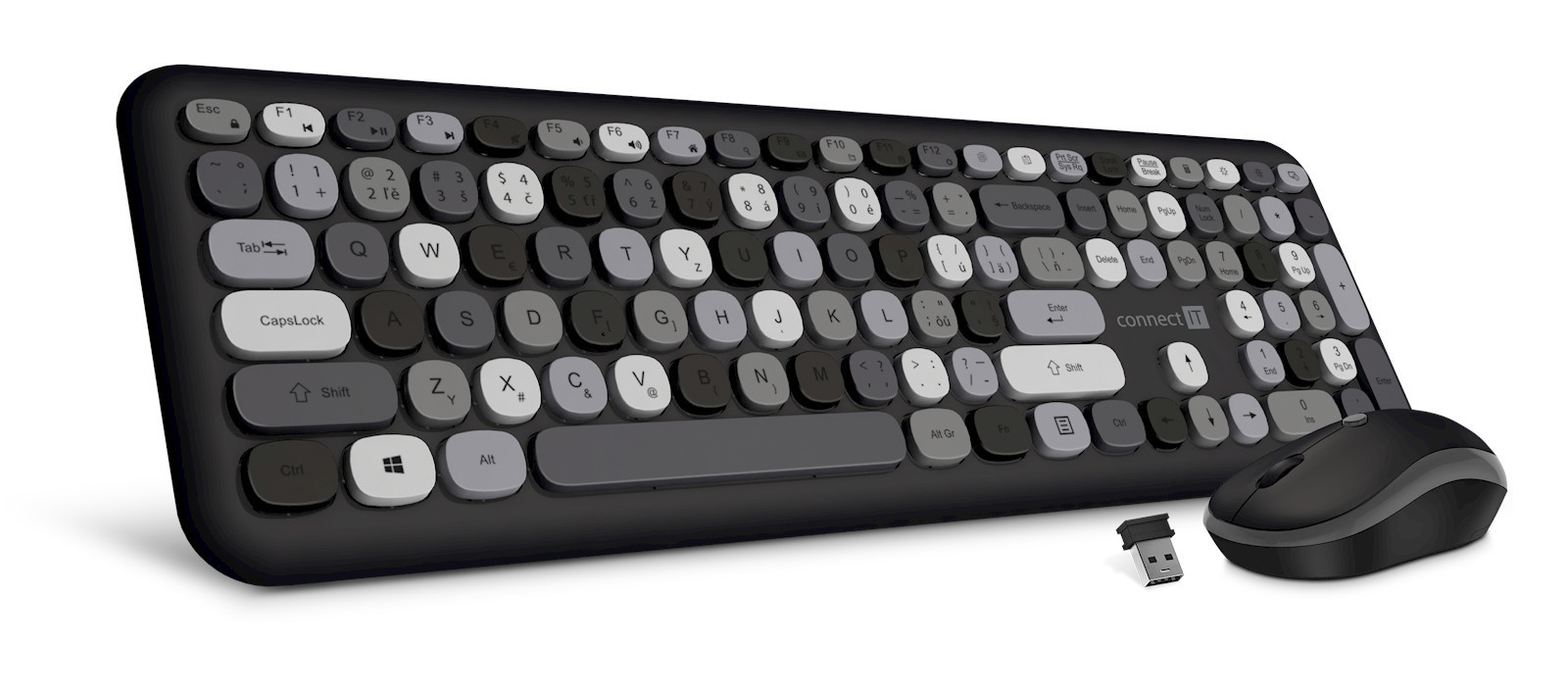 CONNECT IT FASHION combo bezdrôtová čierno-šedá klávesnica + myš, (+1x AAA +1x AA batérie zadarmo),USB, CZ + SK