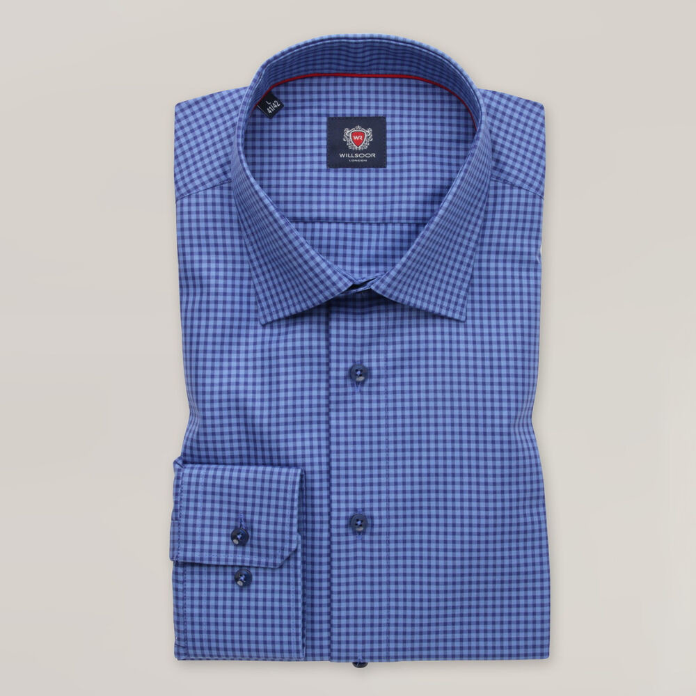 Pánska tmavomodrá kockovaná košeľa slim fit s klasickým golierom 16010