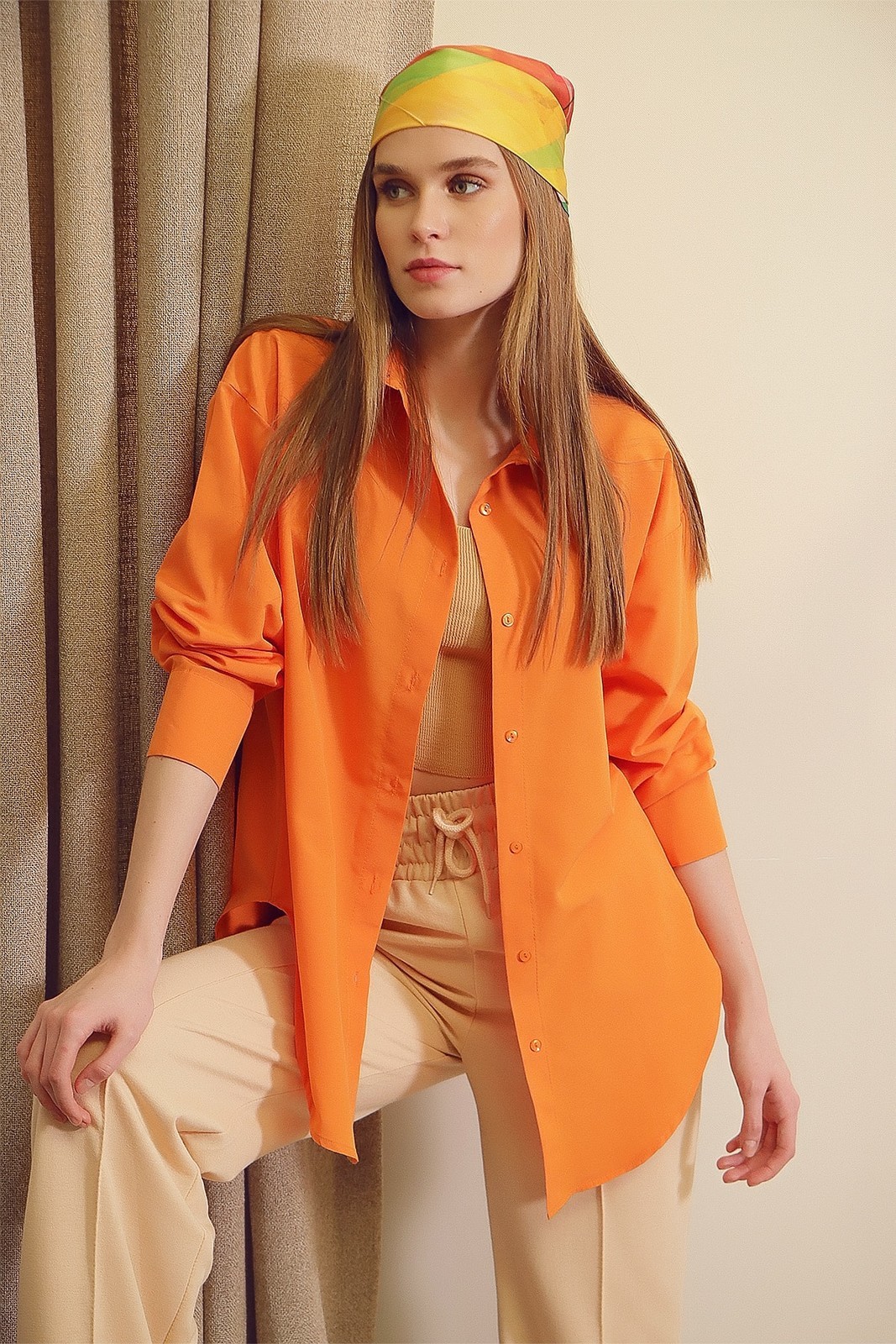 Trend Alaçatı Stili Women's Orange Oversize Long Woven Shirt