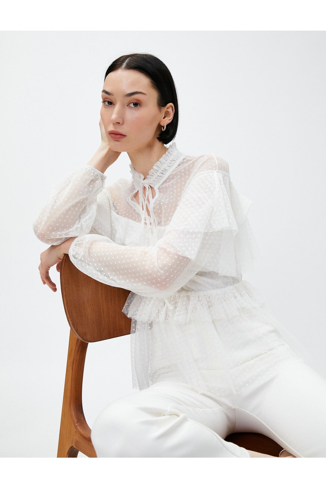 Koton Chiffon Blouse with Frill Tie Standing Collar