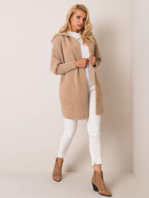 Béžový kabát z alpaky s kapucňou ONE SIZE