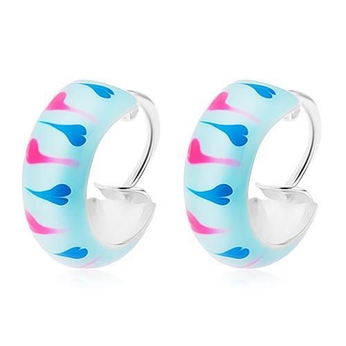 Strieborné náušnice 925, glazúra vo svetlomodrom odtieni so srdiečkami, 12 mm