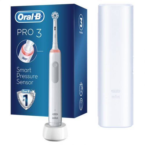 Zubná kefka Oral-B PRO 3 3500 Sensitive Clean White + cestovní pouzdro Elektrický zubní kartáček v bílé barvěOscilačně-rotační 3D systém čištění zubů3