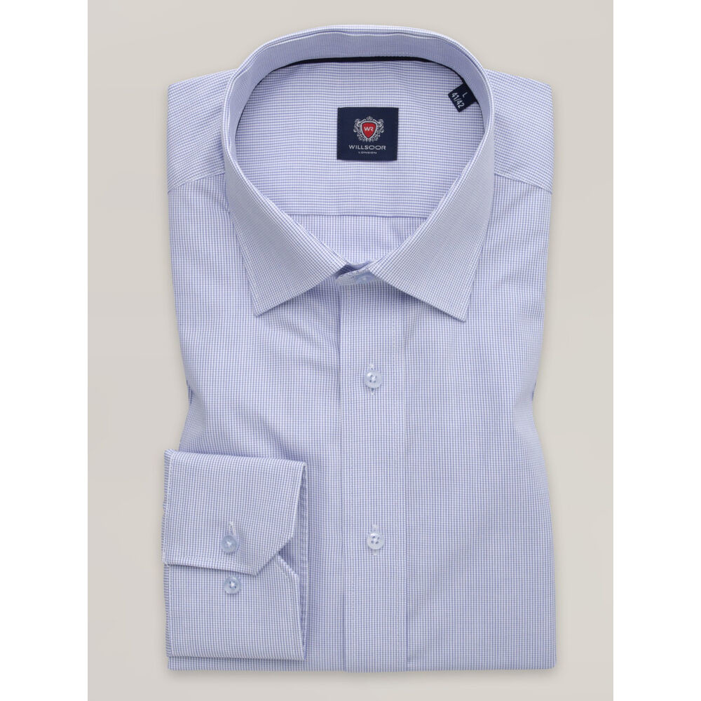 Pánska košeľa slim fit v svetlomodrej farbe s jemným kockovaným vzorom 16035