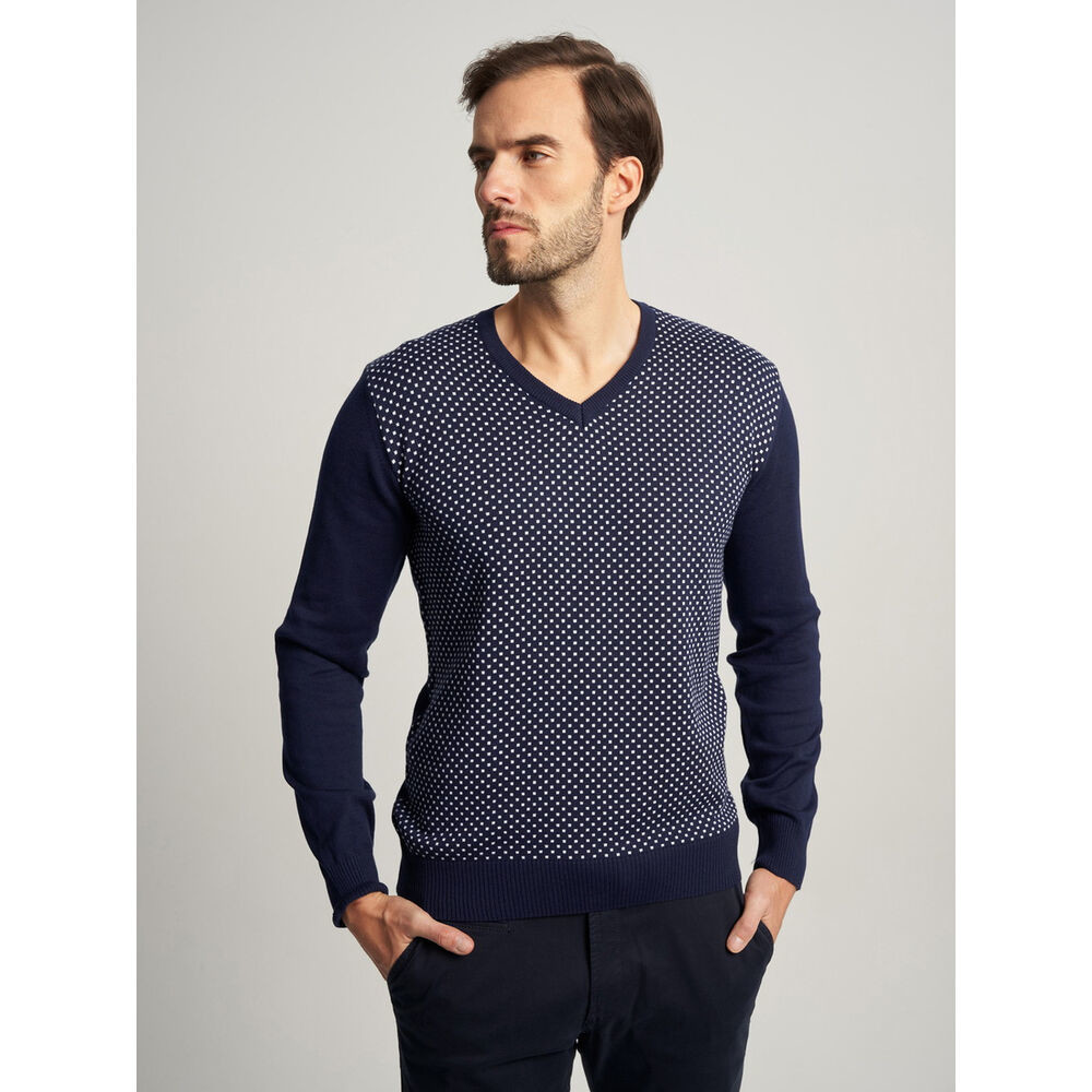 Pánsky tmavomodrý sveter s bielym bodkovaným vzorom 16060