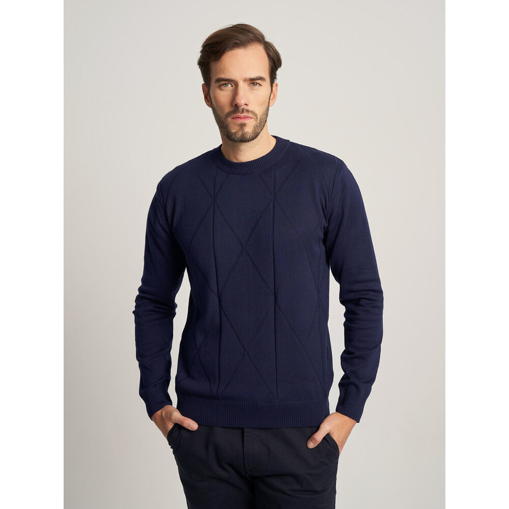 Pánsky elegantný sveter tmavomodrej farby s geometrickým vzorom 16067
