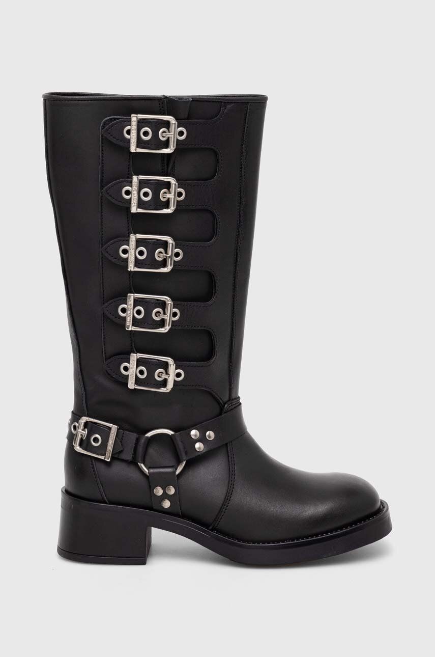 Kožené čižmy Steve Madden Battle dámske, čierna farba, na plochom podpätku, SM19000101