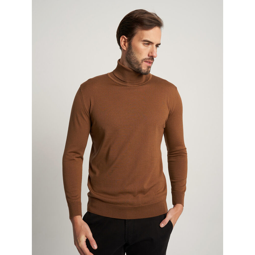 Pánsky hnedý vlnený sveter s rolákom 16079