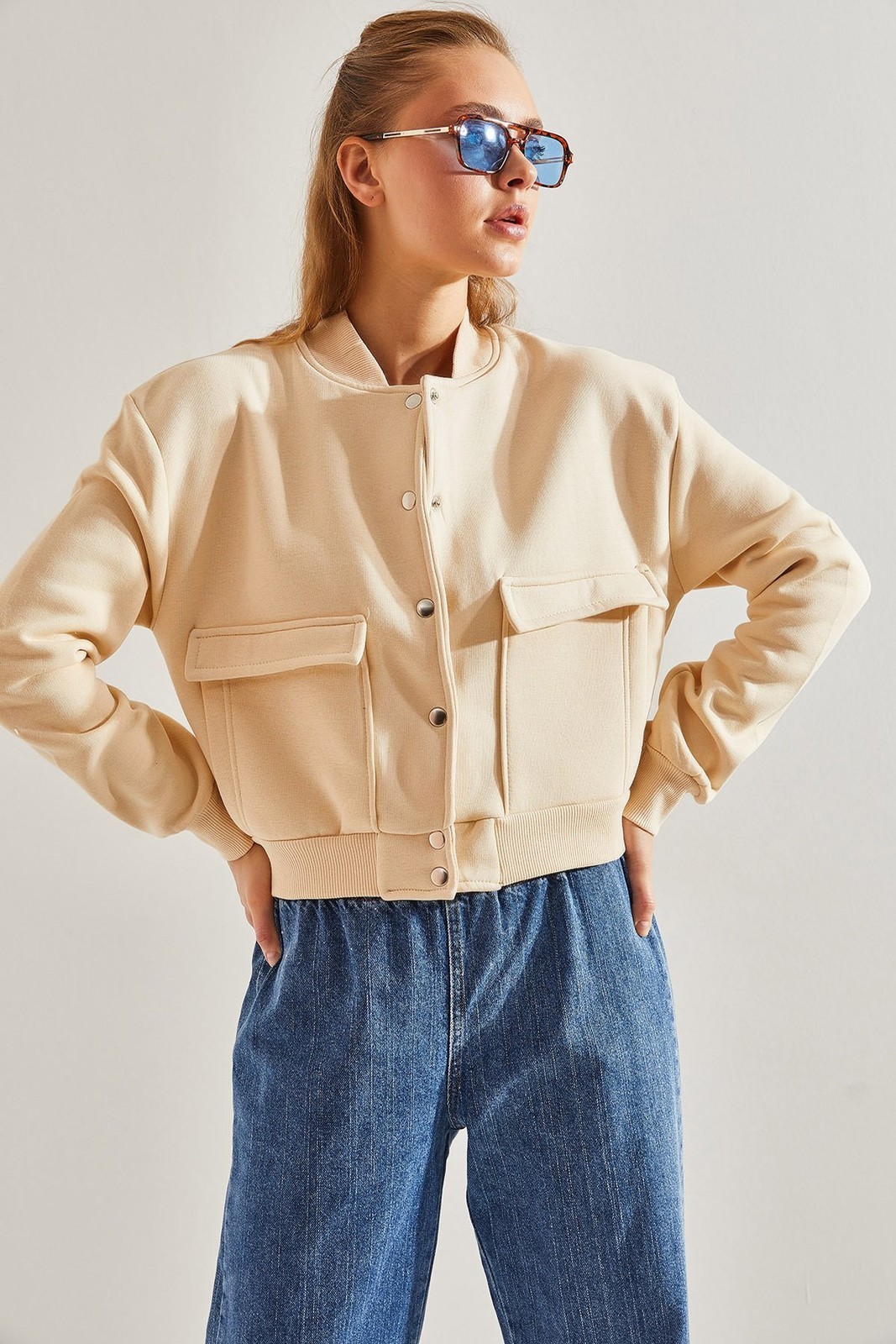 Bianco Lucci Women's Three Thread Rose Gold Double Pocket Bomber Jacket