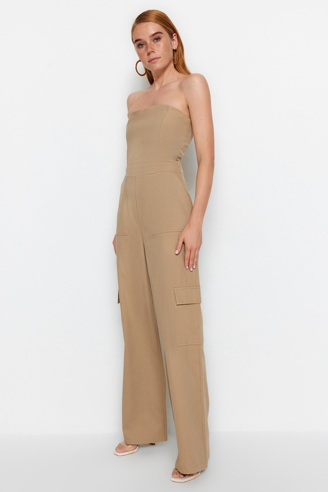 Trendyol Camel Cargo Pocket Strapless Collar Woven Jumpsuit