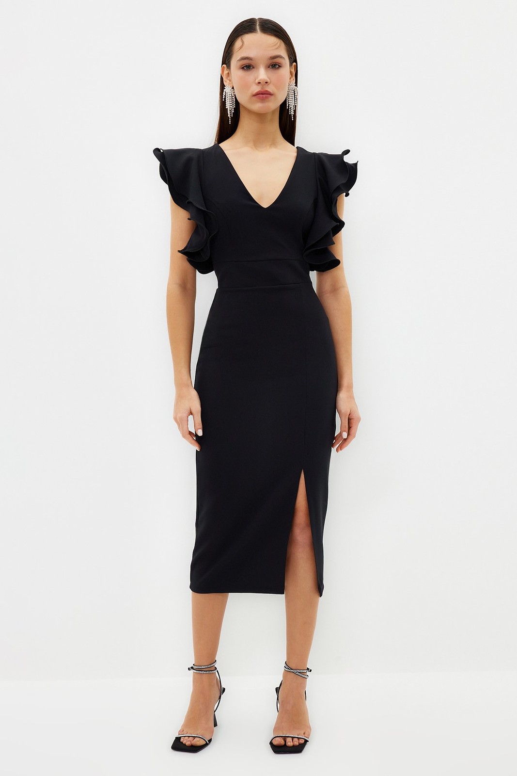 Trendyol Black Ruffle Detailed Elegant Evening Dress