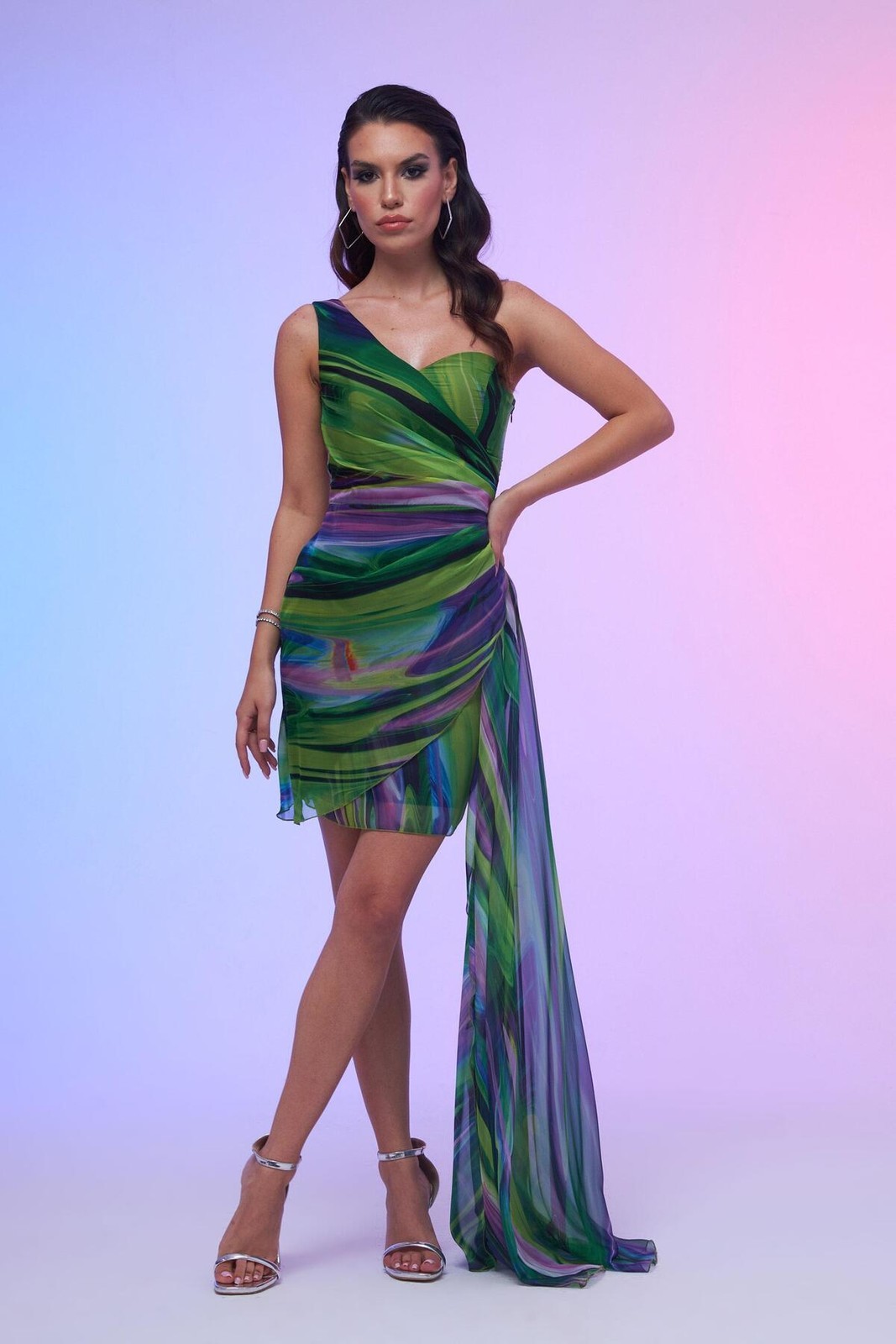 Carmen Green Printed Single Sleeve Tail Short Evening Dress
