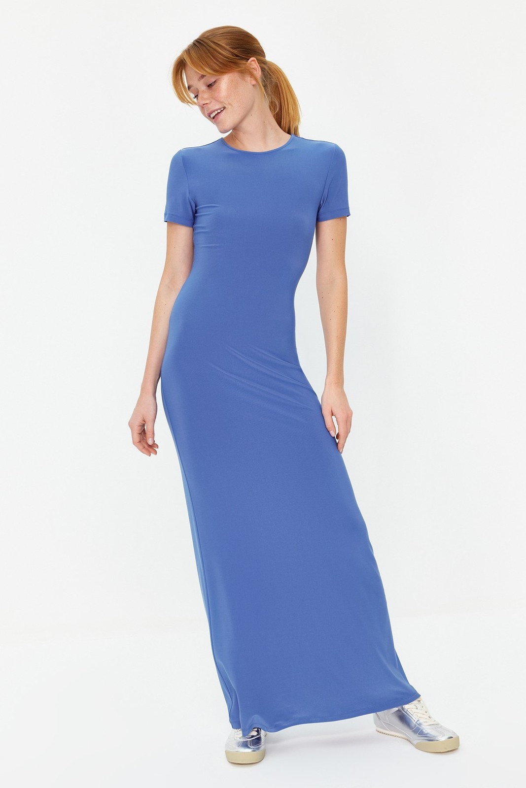 Trendyol Blue Short Sleeve Bodycone/Fitting Crew Neck Stretchy Knitted Maxi Dress