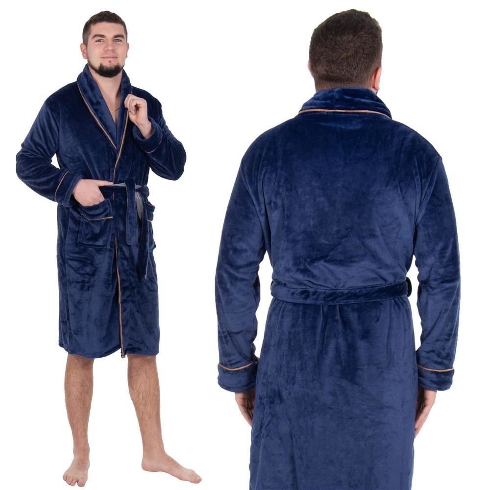 Springos Pánsky plyšový župan -XXL - tmavomodrý s hnedou