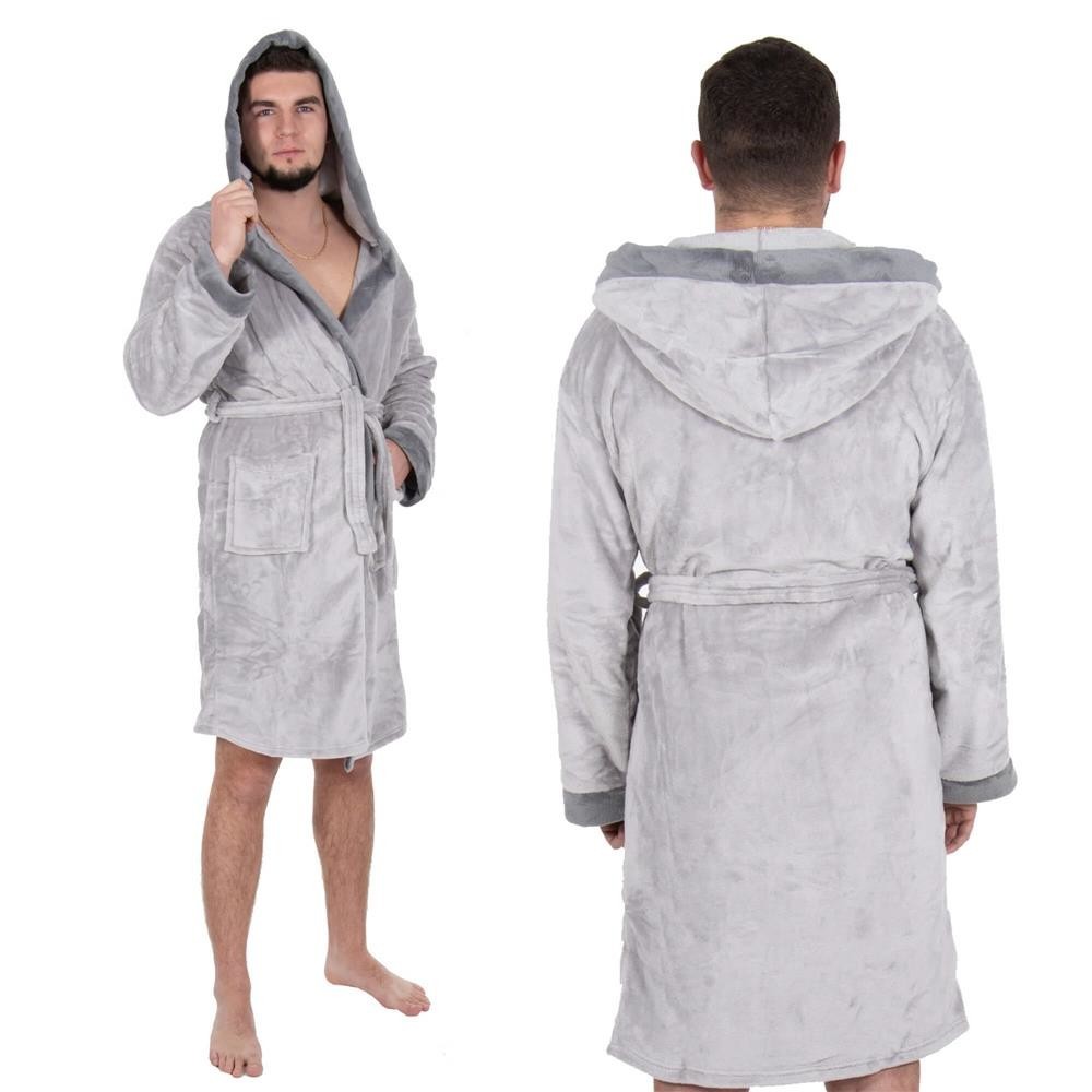 Springos Pánsky plyšový župan s kapucňou - M/L - sivý